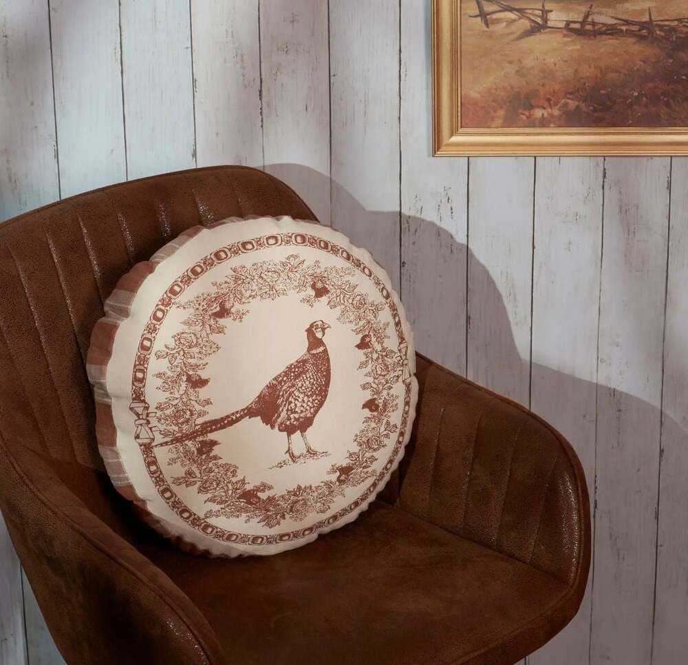Primitives by Kathy Vintage Shaped Pheasant Round Pillow Plaid Velvet Accent NWT - Picture 4 of 5